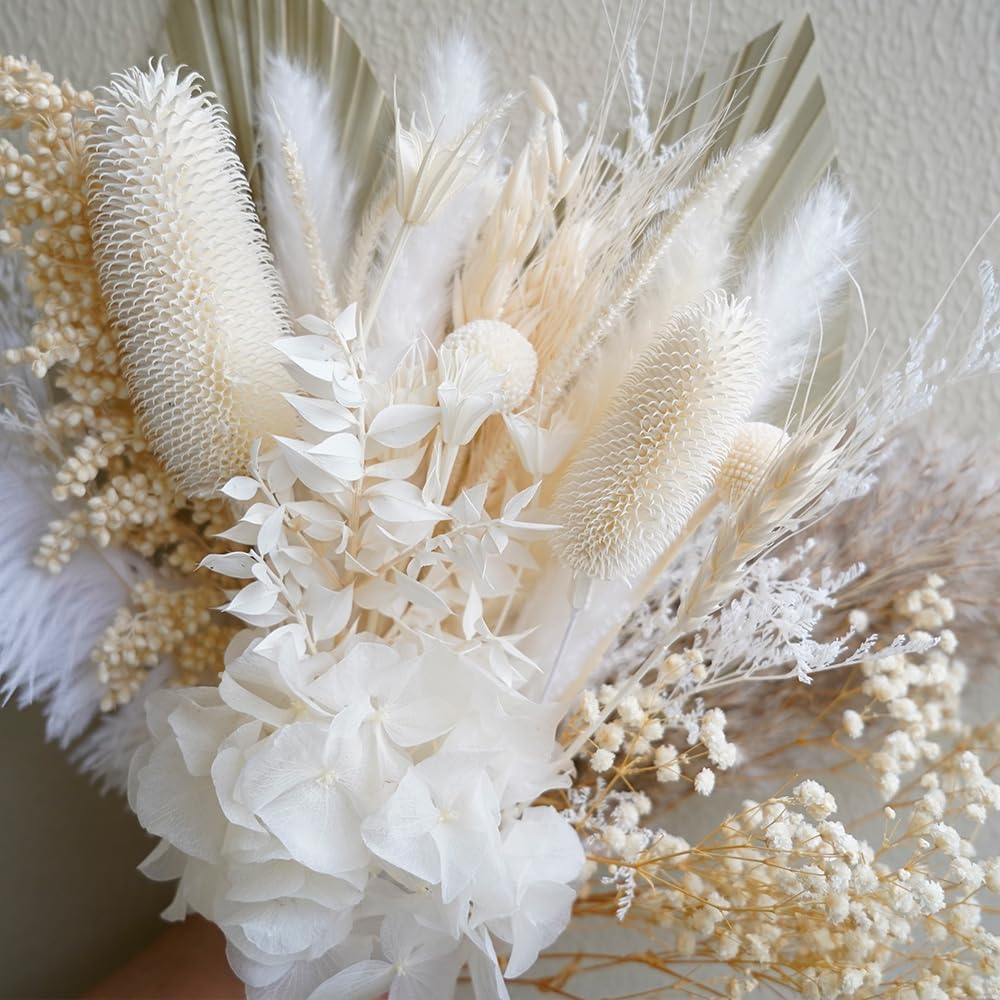 Natural Dried Pampas Grass Bouquet - 17" White & Ivory Dried Flowers with Palm Leaves & Hydrangea, Boho Home Decor for Wedding, Bridal Shower, Baby Shower & Farmhouse DIY Arrangements, No Vase