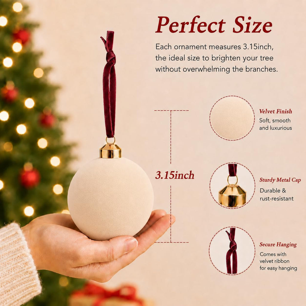 Velvet Christmas Balls Ornaments 15 Pcs, 3.15 Inch Cream White Flocked Xmas Tree Ball Ornaments Shatterproof, Velvet Christmas Ornaments Set Bulk for Xmas Tree Holiday Wedding Party Decor