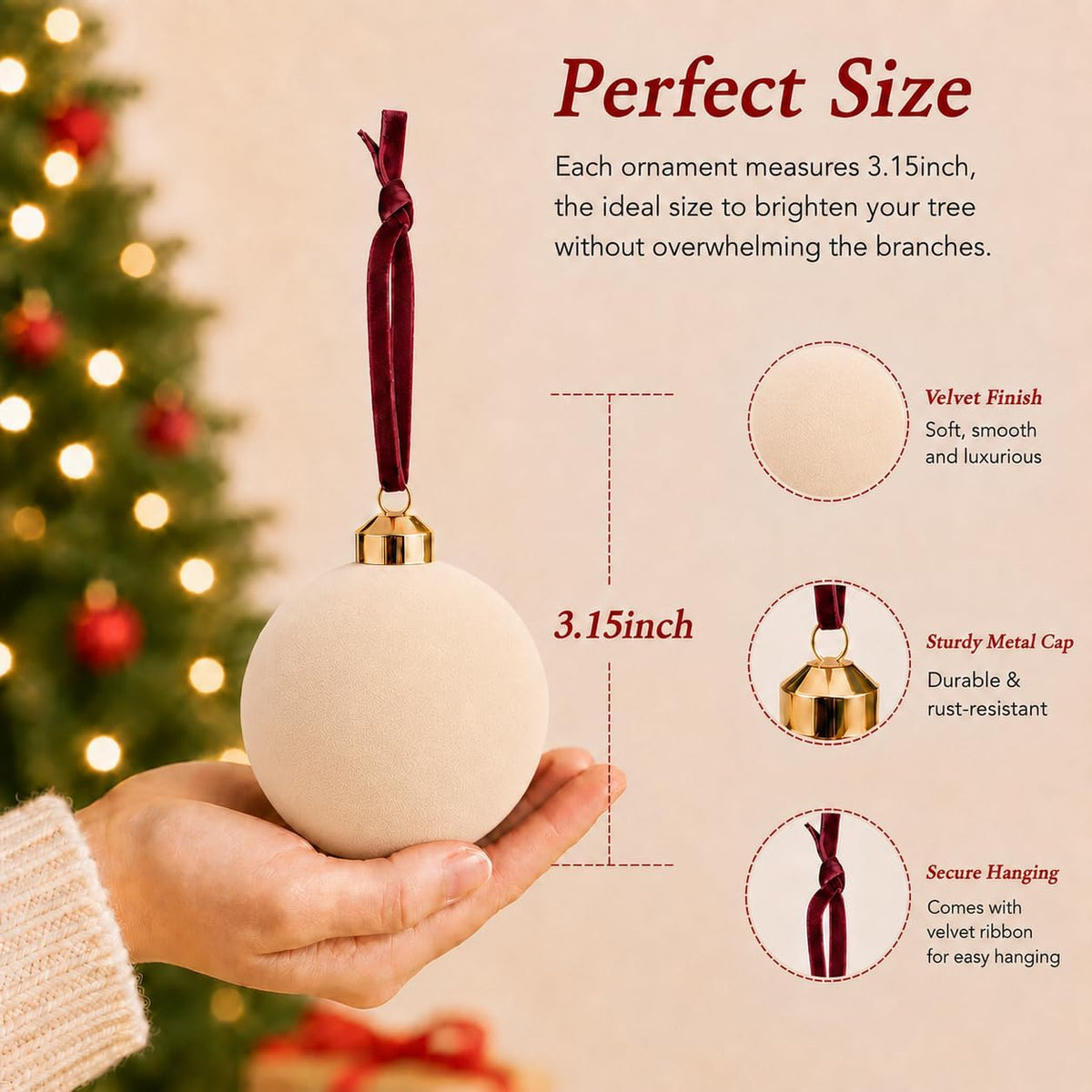 Velvet Christmas Balls Ornaments 15 Pcs, 3.15 Inch Cream White Flocked Xmas Tree Ball Ornaments Shatterproof, Velvet Christmas Ornaments Set Bulk for Xmas Tree Holiday Wedding Party Decor