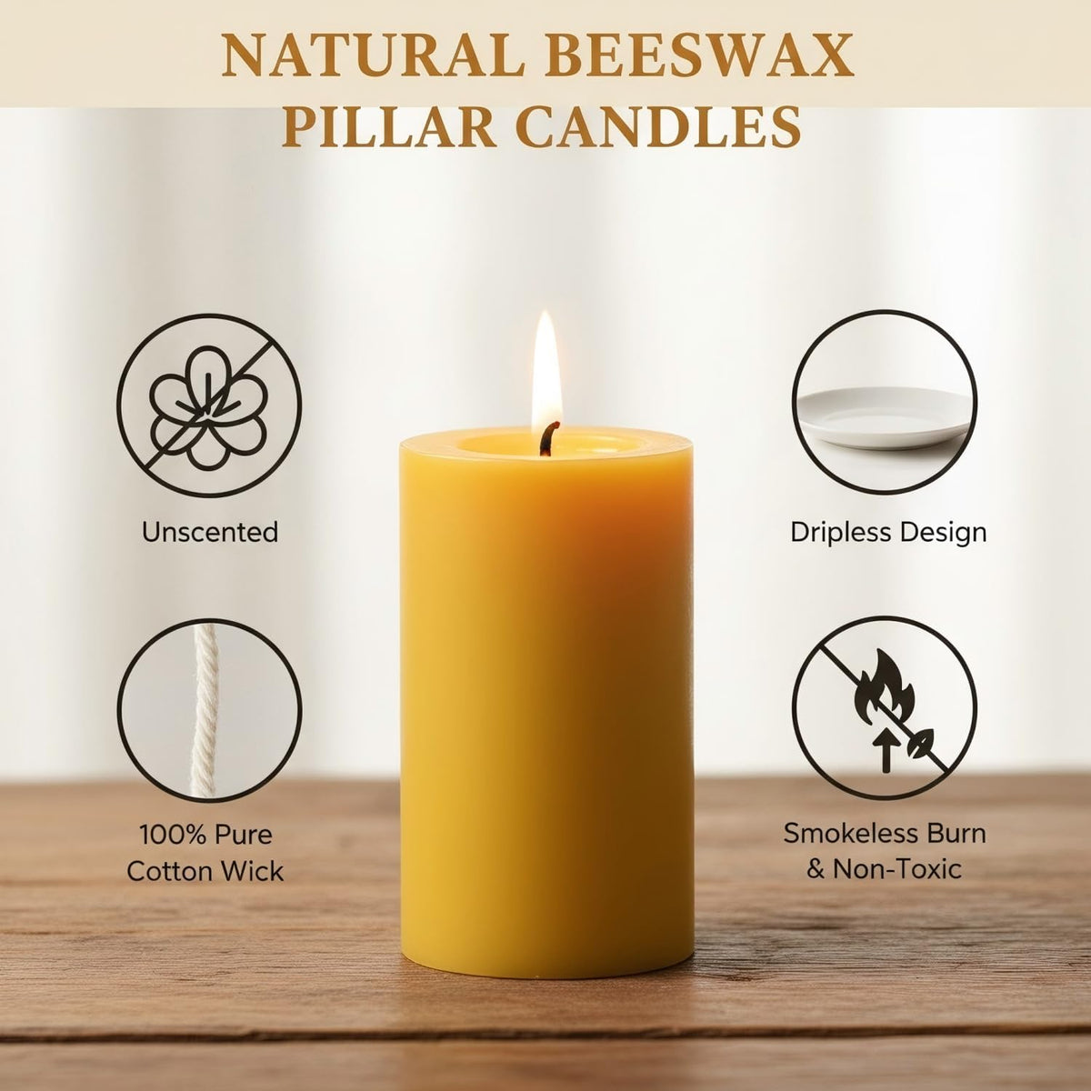 Natural Beeswax Pillar Candles 4 Packs, Non Toxic Beeswax Candles-140 Hours Long Burning, Organic Emergency Bees Wax Candles for Home, Paryer, Parties, Unscented Dripless Smokeless Candles, 2x4in