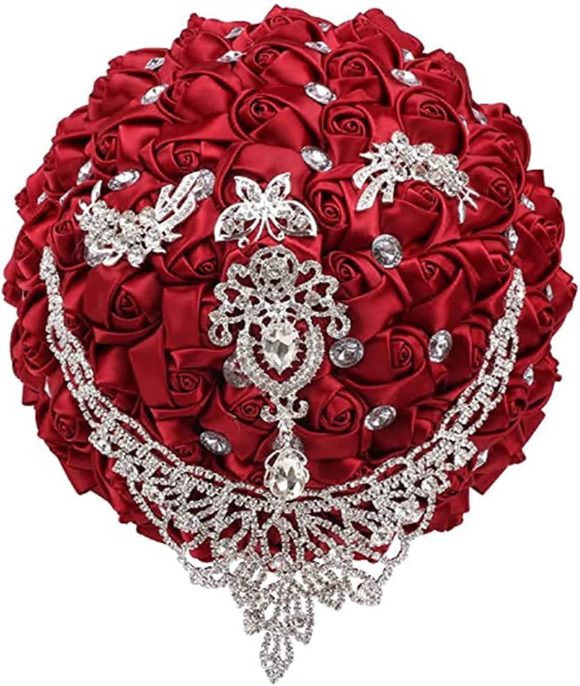 Handmade Luxury Wedding Bridal Bouquet Large Silk Rose Holding Toss Artificial Flowers Bouquets with Satin Ribbon Pearls Rhinestone for Bride Vintage Royal Wedding Bouquet (Red)