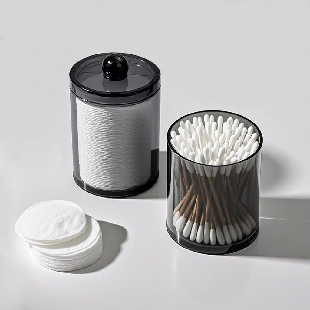 2-Pack Black Plastic Qtip and Cotton Swab Holder Dispenser Set for Bathroom Vanity Organization - Storage for Cotton Balls, Rounds, Floss Picks, Hair Clips