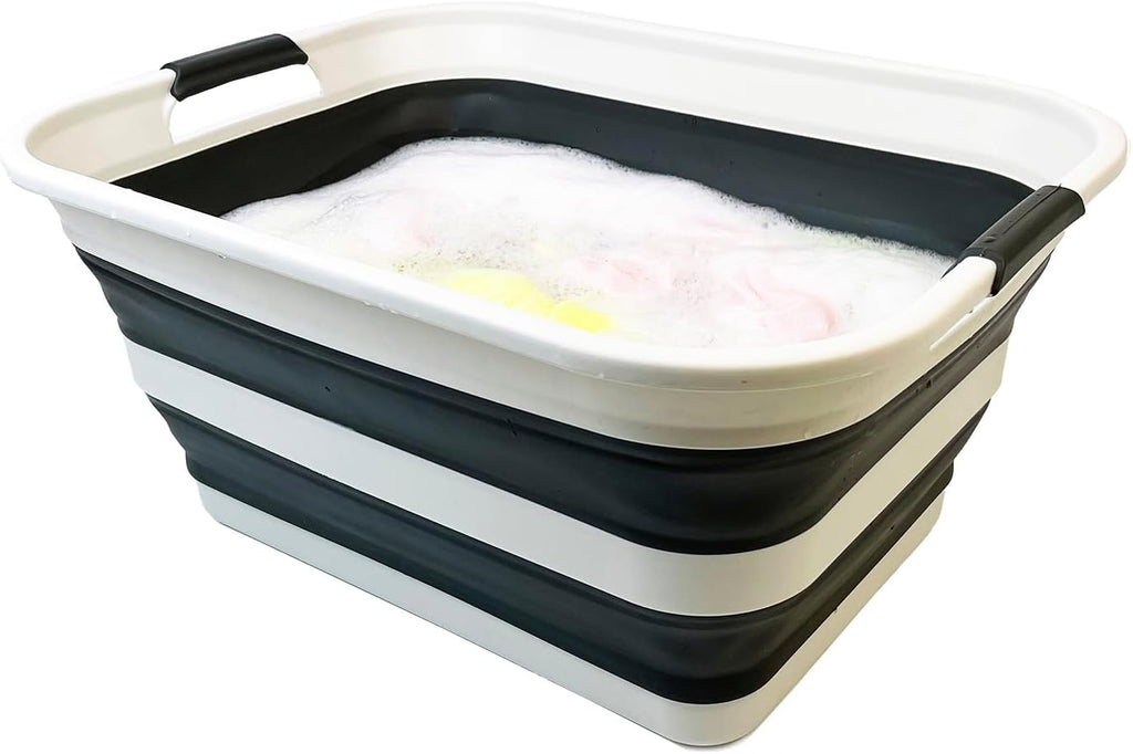 SAMMART 42L (11.09 Gallons) Collapsible Plastic Laundry Basket - Foldable Pop Up Storage Container/Organizer - Portable Washing Tub - Space Saving Hamper/Basket (1, Grey/Washed Black)