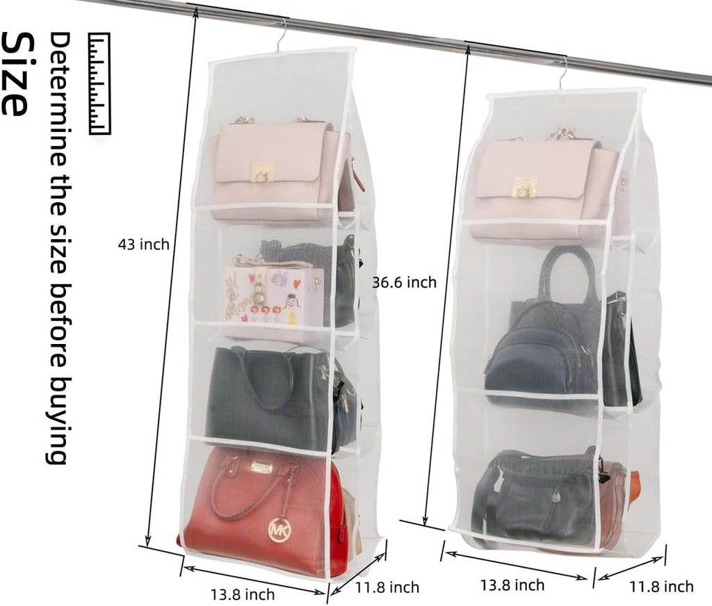 Hanging Purse Organizer for Closet Handbags Storage 2 Pack 8 Pockets and 6 Pockets Purse Organizer with Metal Hooks - White Nylon