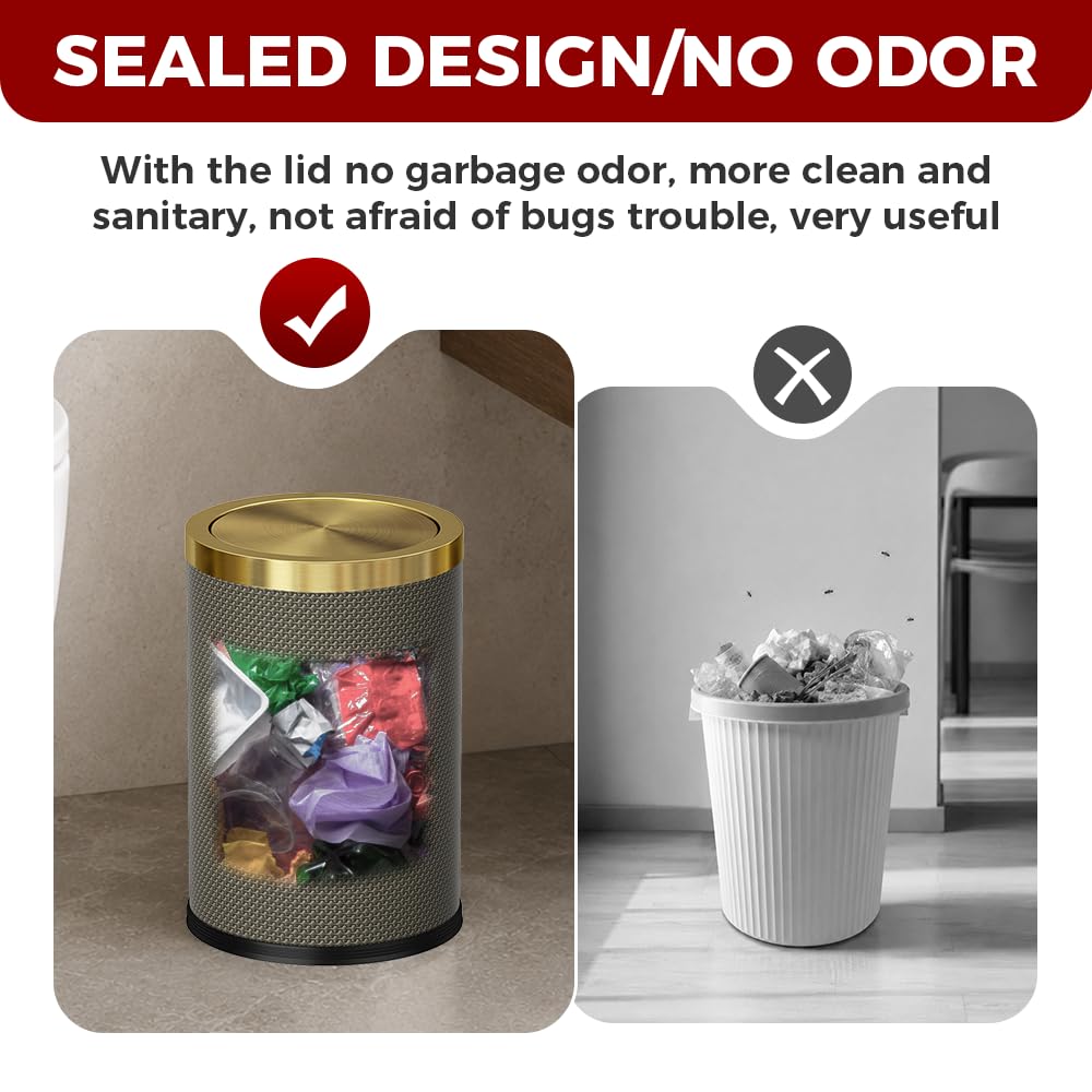 9L/2.4gal Bathroom Trash Can,Brass Trash Can,Swing Lid