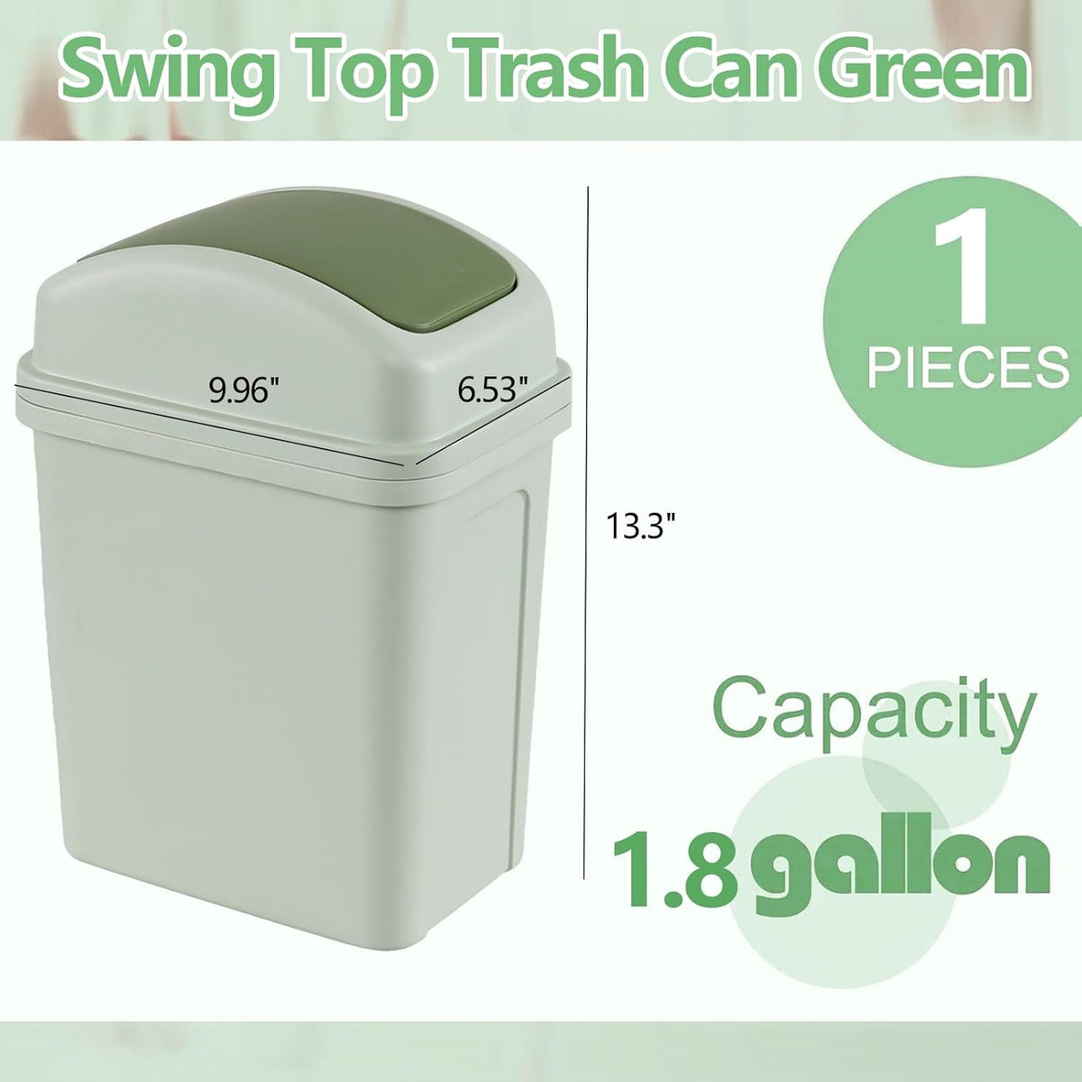 1.8 Gallon Green Plastic Garbage Can, Swing Lid Waste Can, Green