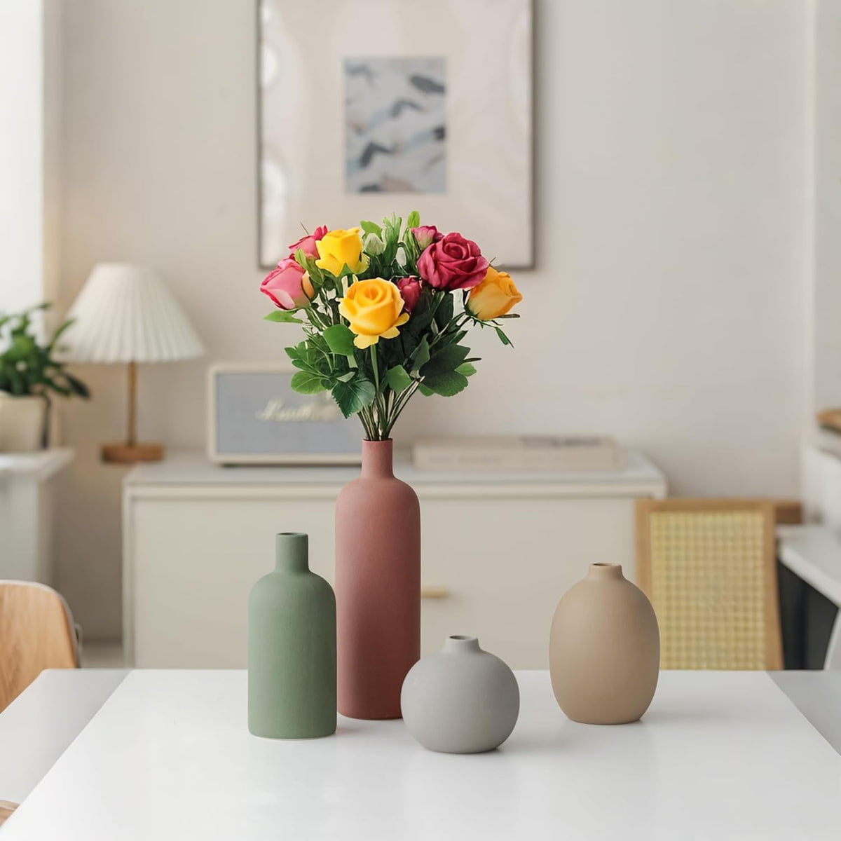 Modern Ceramic Vase Set, Neutral Colors, Decorative Vases for Home Decor, 4 Piece Collection (Green Mix Set 4)