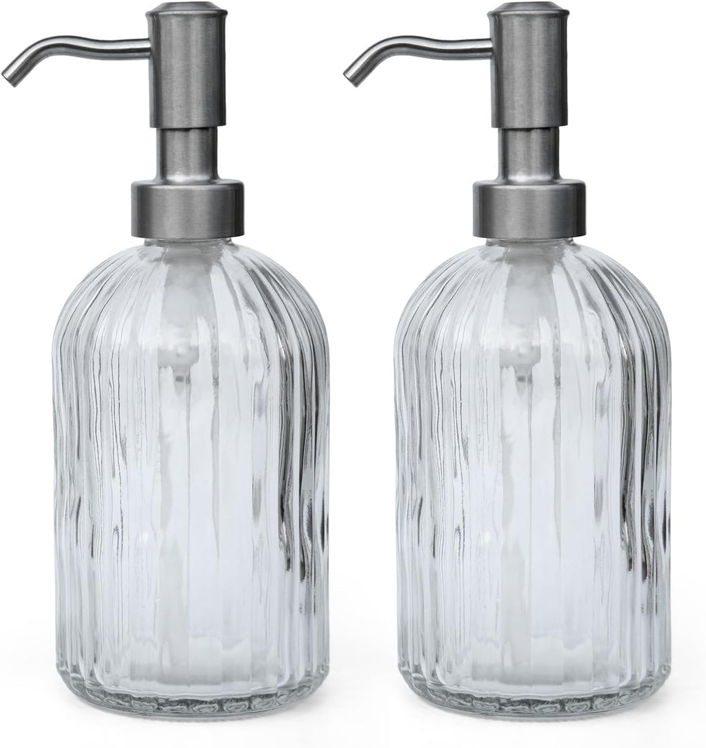 16 OZ Stripe Design Soap Dispense with 304 Rust Proof Stainless Steel Pump Glass Soap Dispenser Kitchen Soap Dispenser Bathroom