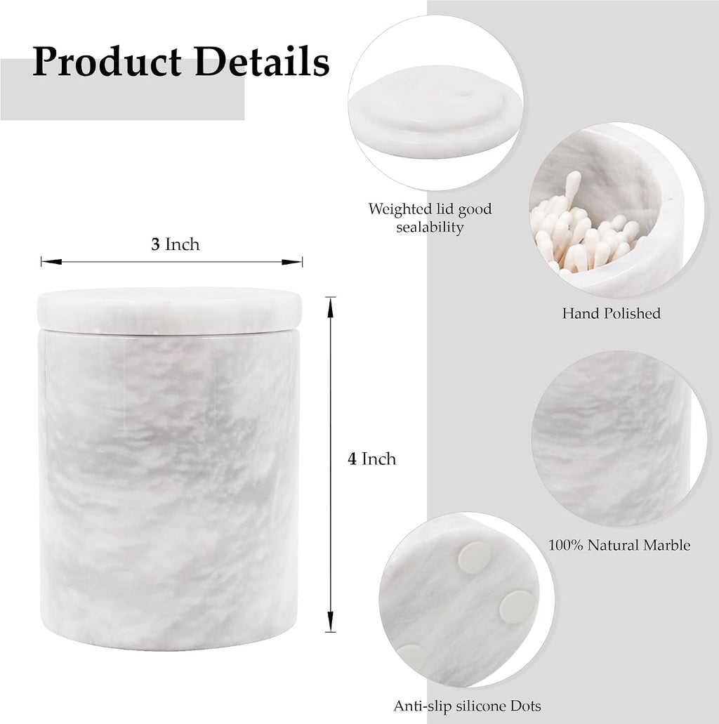 Marble Q-Tip Holder for Bathroom, White 4" Cotton Swab Canister