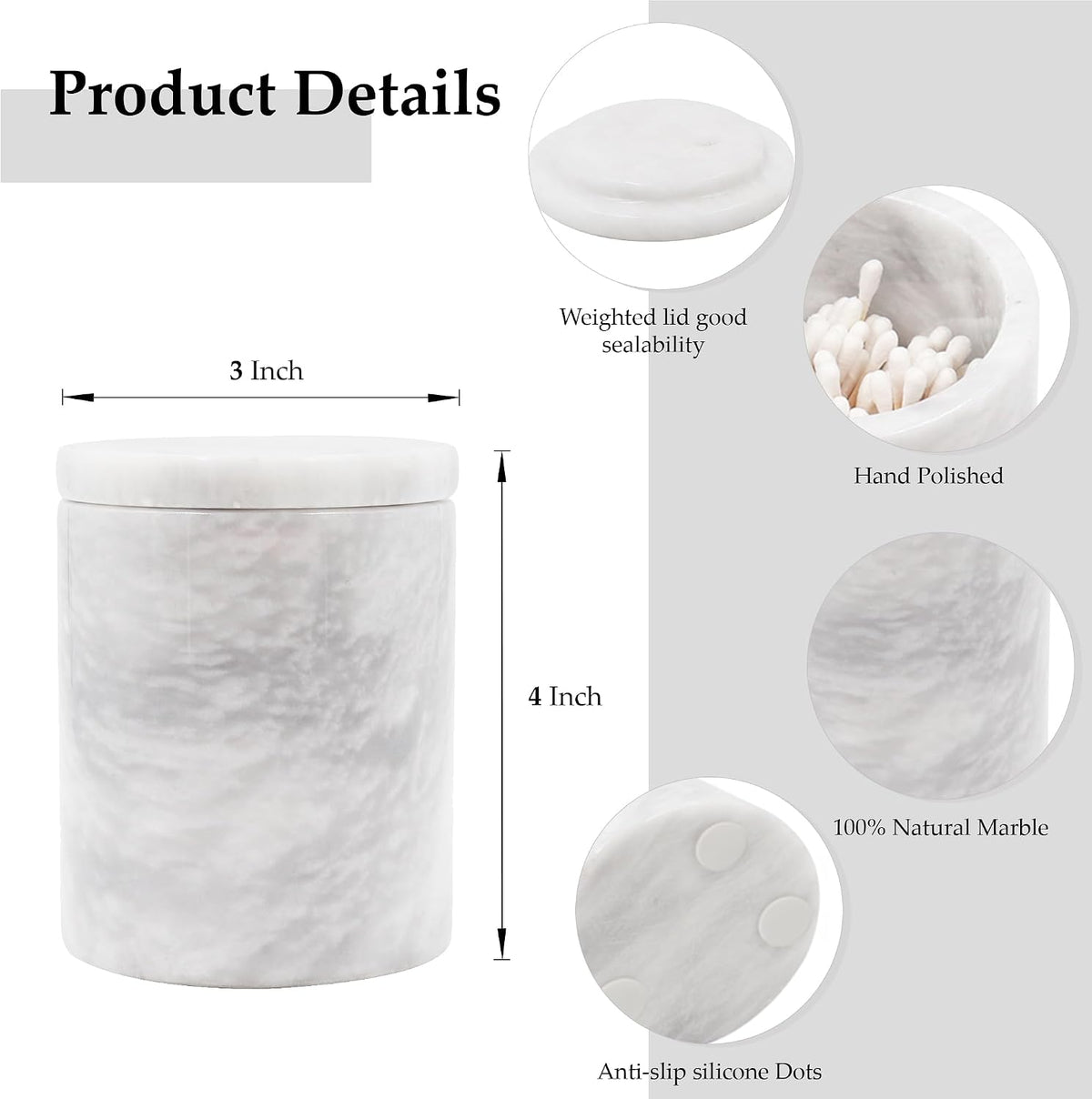 Marble Q-Tip Holder for Bathroom, White 4" Cotton Swab Canister