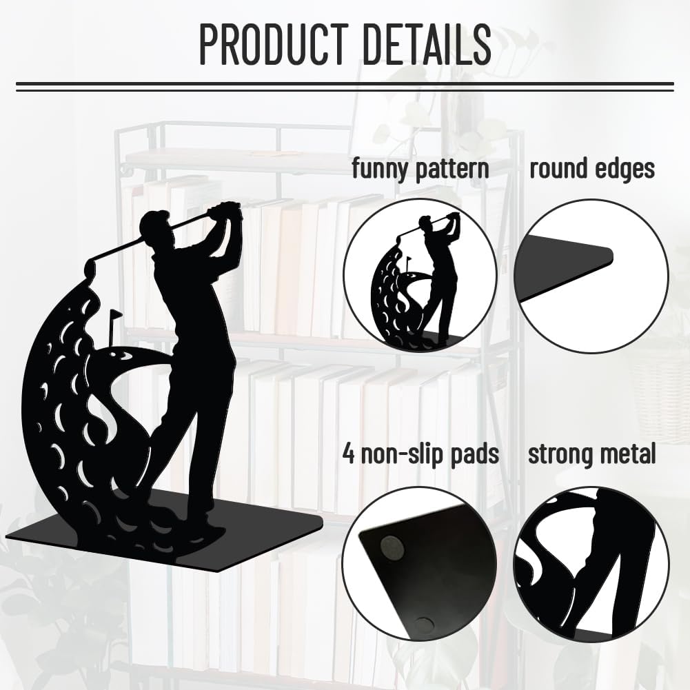 WADORN 1 Pair A People Playing Golf Metal Decorative Bookend for Shelves, Heavy Duty Book Ends Modern Non-Skid Books Holder Stand Black Book Support Stoppers for Office Desk Bookshelf, 5.3x4.3x7.8in