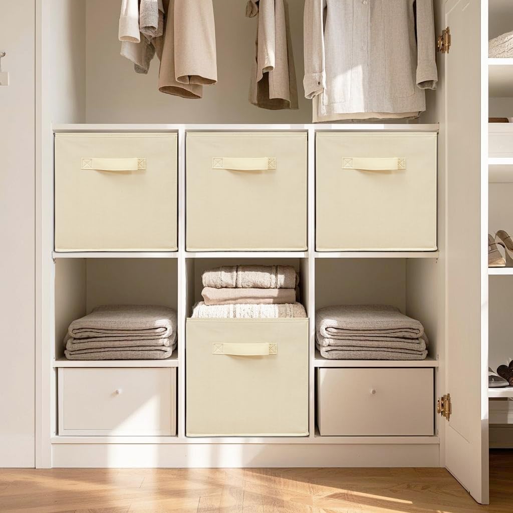 11 Inch Fabric Storage Cubes, Sturdy Foldable Storage Bins, Heavy Duty Cube Organizer for Clothes, Blankets, Shelves, Closets, Bedroom, Living Room, Beige, 5 Pack