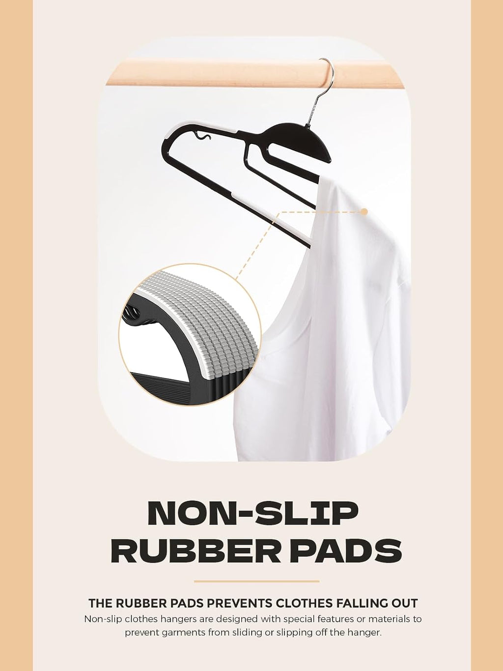 HOUSE DAY Slim Plastic Hangers with Non Slip Rubber Pads, 50 Pack, Black