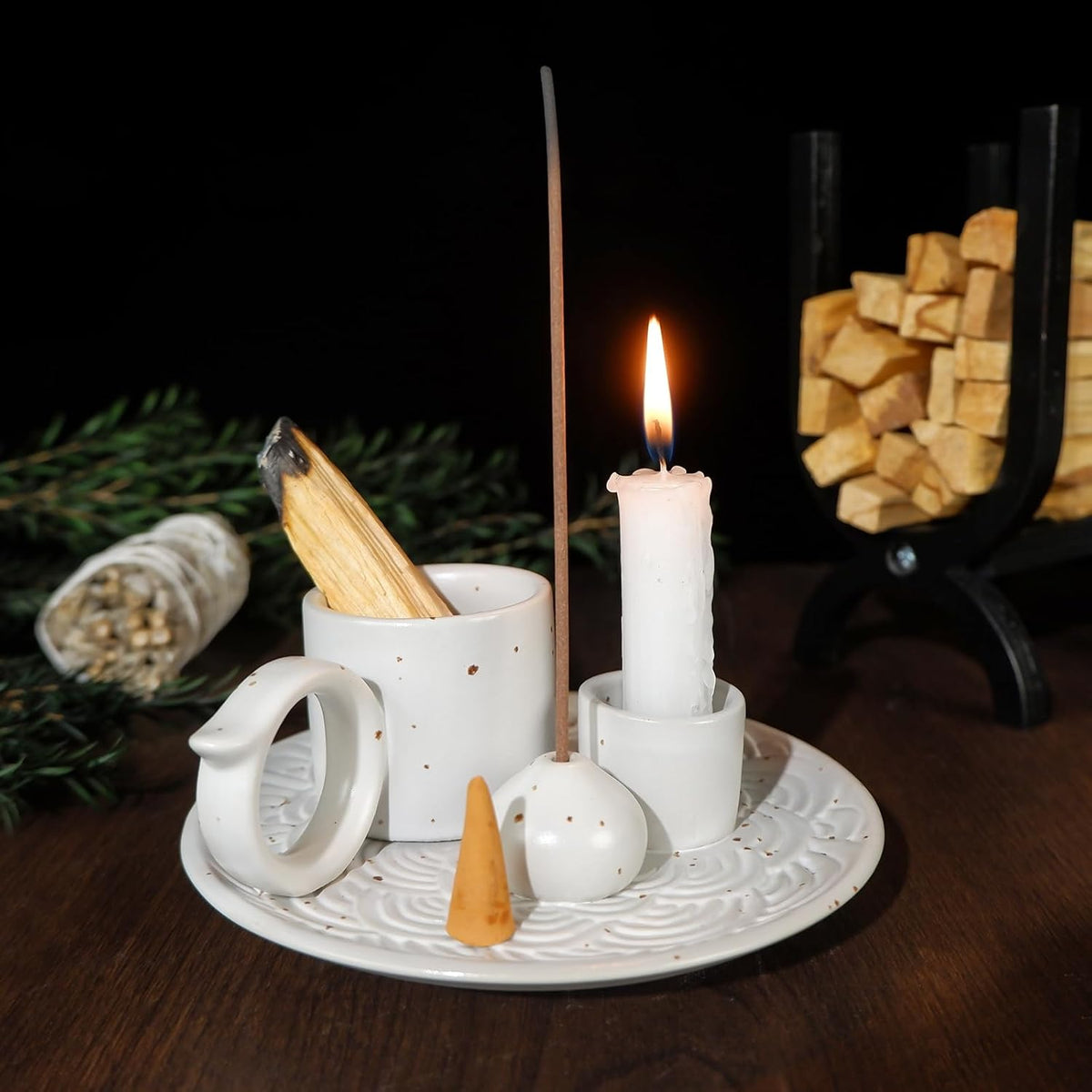5 in 1 Ceramic Palo Santo Burner Holder for Sage, Incense Sticks & Candle