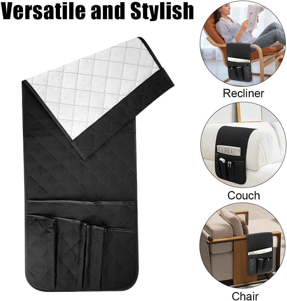 RETON Sofa Armrest Organizer 5 Pockets & 8 Hook‑and‑Loop Fasteners (Black)