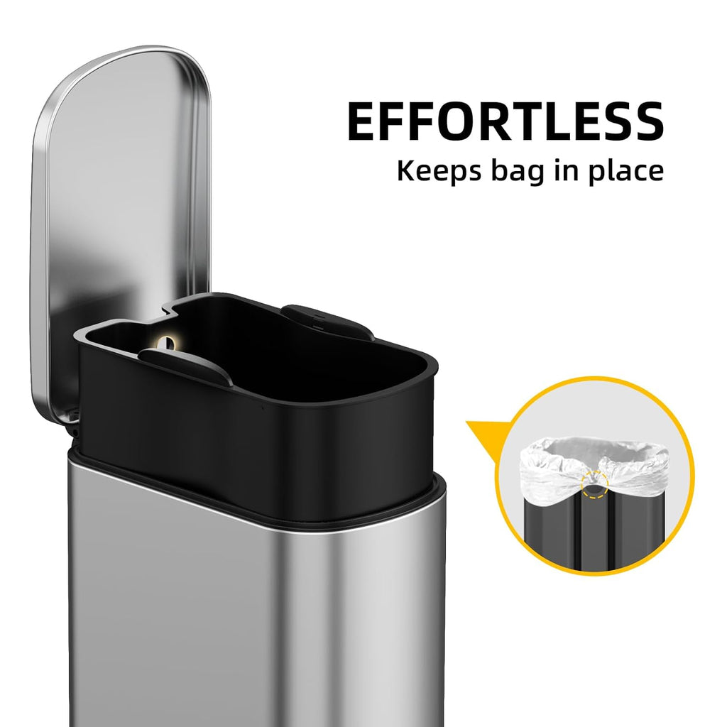 2.6 Gal Bathroom Trash Can with Soft Close Stay Open Lid, Small Rectangular 10L Stainless Steel Waste bin for Narrow Space, Waterproof, Matte Silver