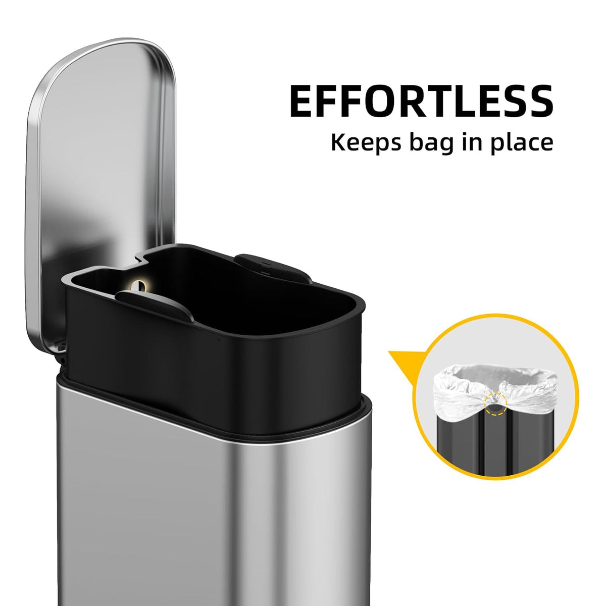 2.6 Gal Bathroom Trash Can with Soft Close Stay Open Lid, Small Rectangular 10L Stainless Steel Waste bin for Narrow Space, Waterproof, Matte Silver