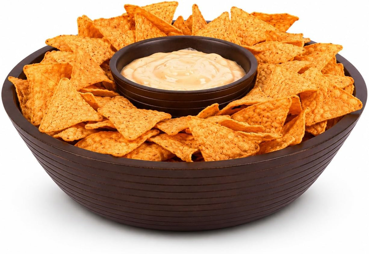 Melvvi Wooden Chip and Dip Bowl, Round Detachable Pedestal, 12" Brown