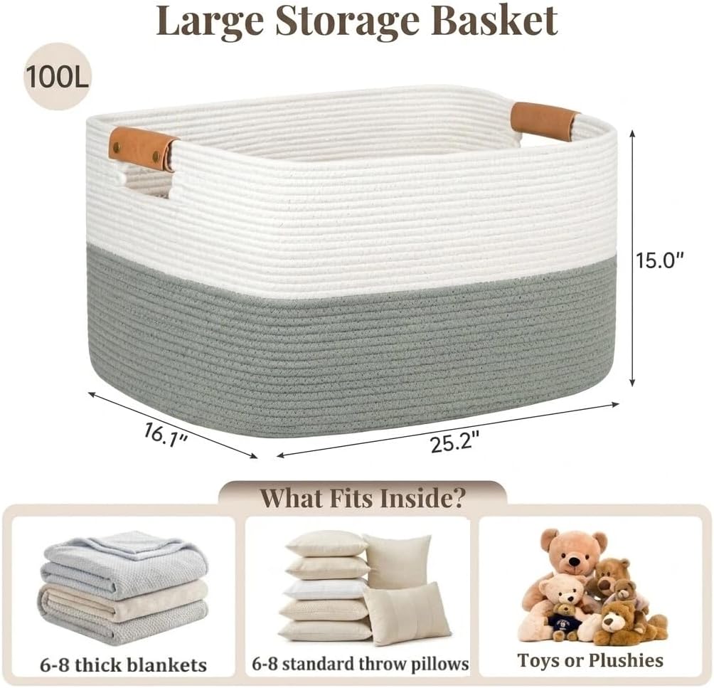 Danpinera 100L Extra Large Blanket Basket for Living Room, White&Sage Green