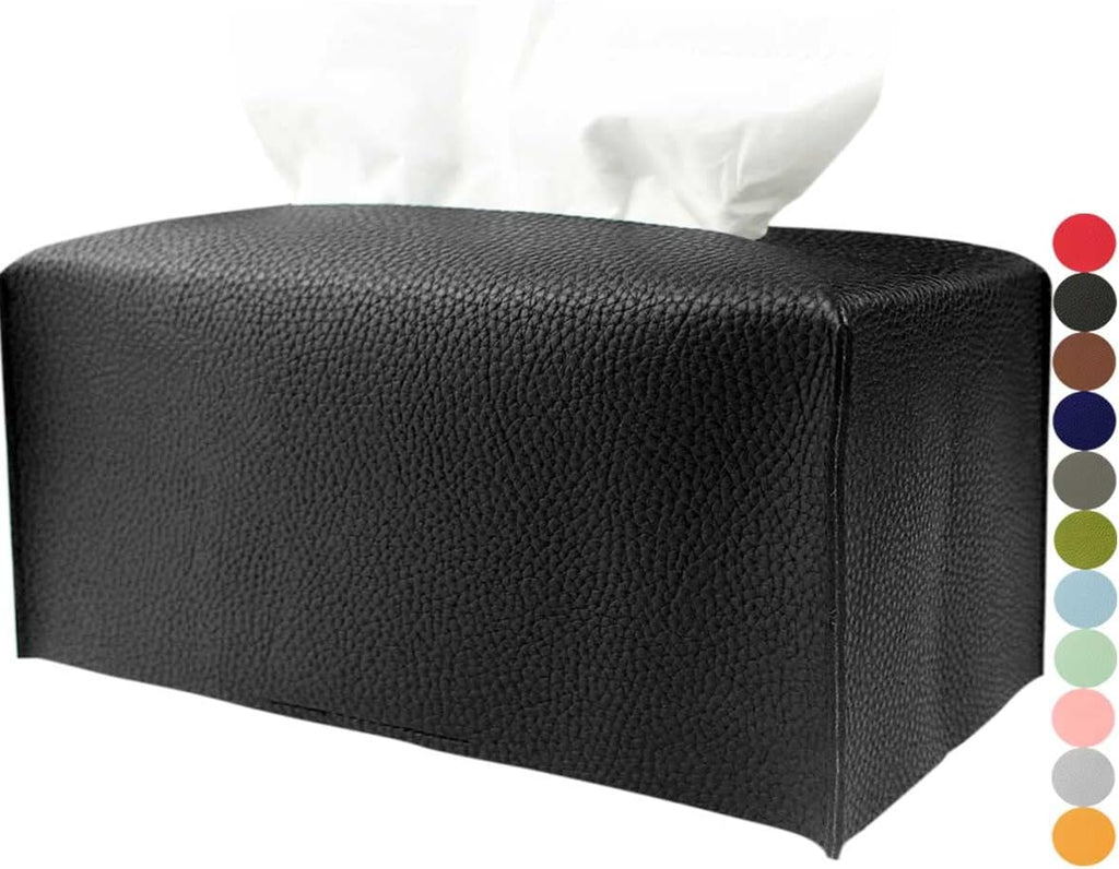 Tissue Box Holder Rectangular Leather – with Bottom Belt [JESMINI, Black] Modern Long PU Leather Rectangle Tissue Box Cover Holder Decorative for Bathroom Vanity Countertop/Night Stands/Office Desk