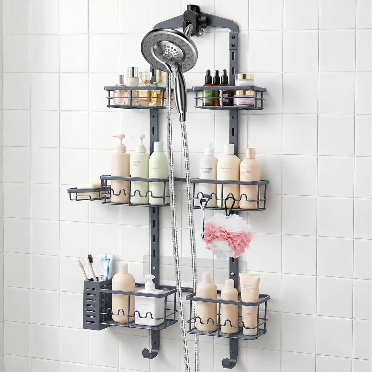 Extra Large Shower Caddy Hanging, Rust-Resistant Shower Organizer Hanging,3 Tier Height-Adjustable Over the Head Caddy,Rack with Soap Basket (Gray)