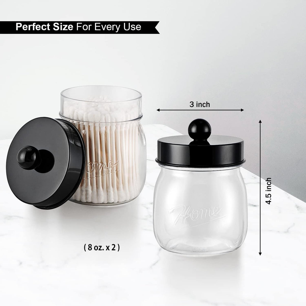 SheeChung 2 Pack Acrylic Mason Jar Qtip Holder Dispenser with Labels, Black