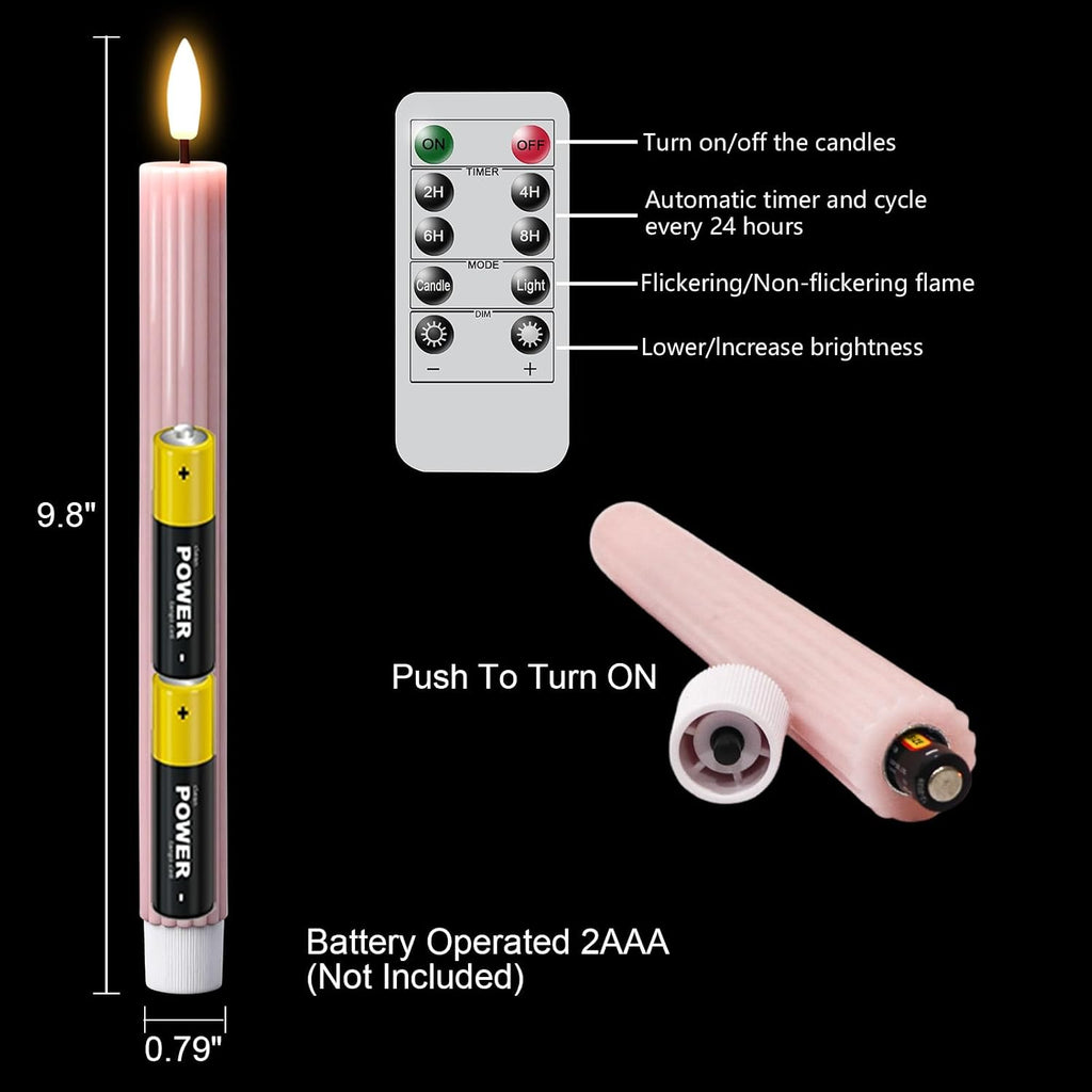 Pink Flameless Taper Candles Battery Operated with Remote Timer