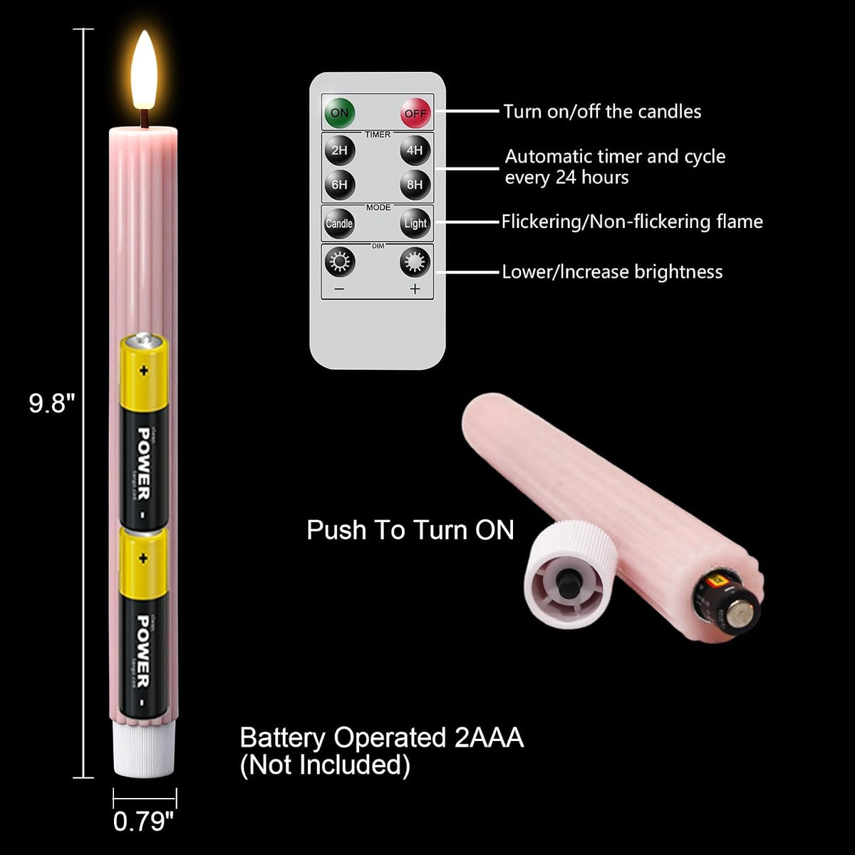 Pink Flameless Taper Candles Battery Operated with Remote Timer