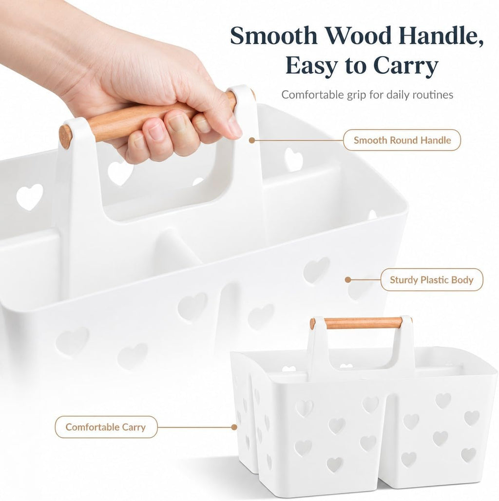 White Portable Shower Caddy, Plastic Basket Organizer with Wooden Handle