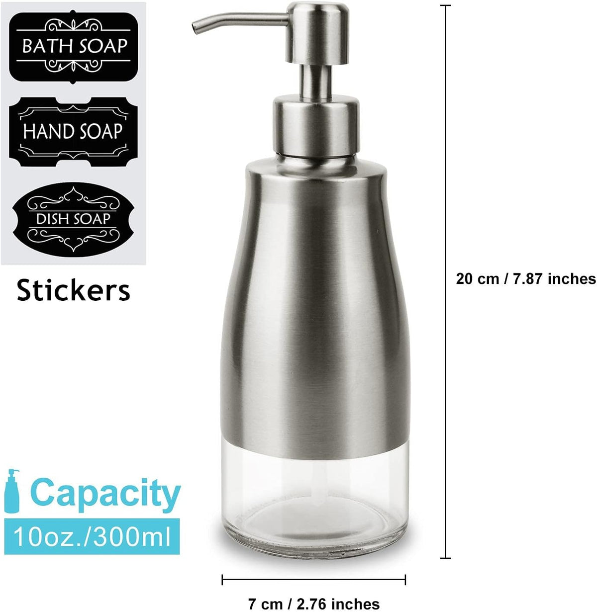AUMIO Dish Soap Dispenser with Stickers, Stainless Steel Body & Glass View