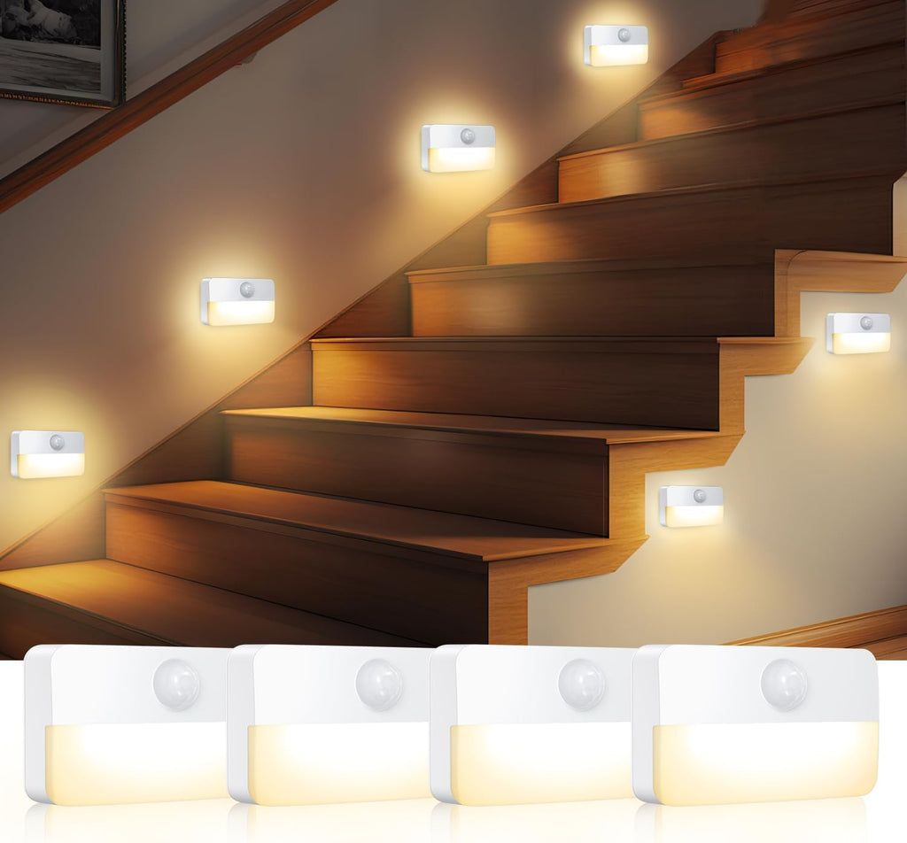 AMIR 4 Pack Mini Motion Sensor Stair Light for Indoor, Battery-Powered LED Night Light, 40 Lumen 3000K, Cordless Closet Lights, Safe Lights for Stairs, Hallway, Bathroom, Kitchen, Cabinet