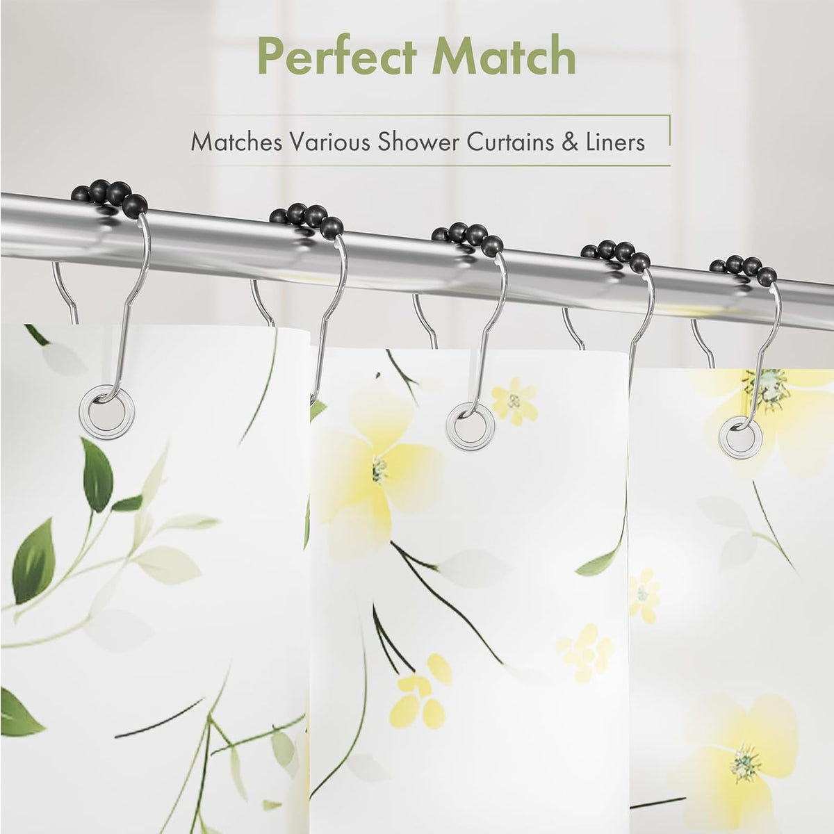 Amazer Black Shower Curtain Hooks, Decorative Rust Proof Acrylic Balls Shower Curtain Hooks, Stainless Steel Shower Hooks for Shower Curtain Bathroom Shower Hooks-Set of 12