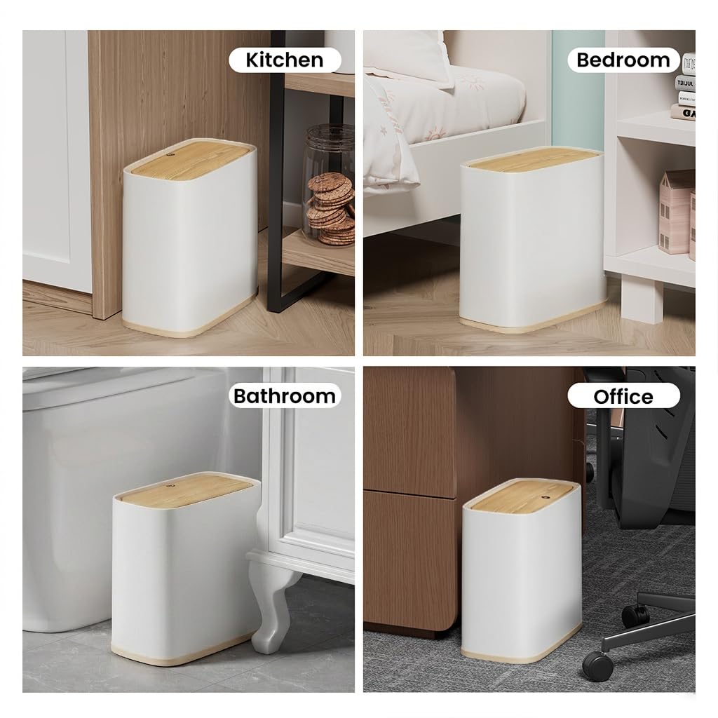 Bathroom Trash Can, 2.1 Gal Small Slim, Plastic White, Faux Wood Grain Lid