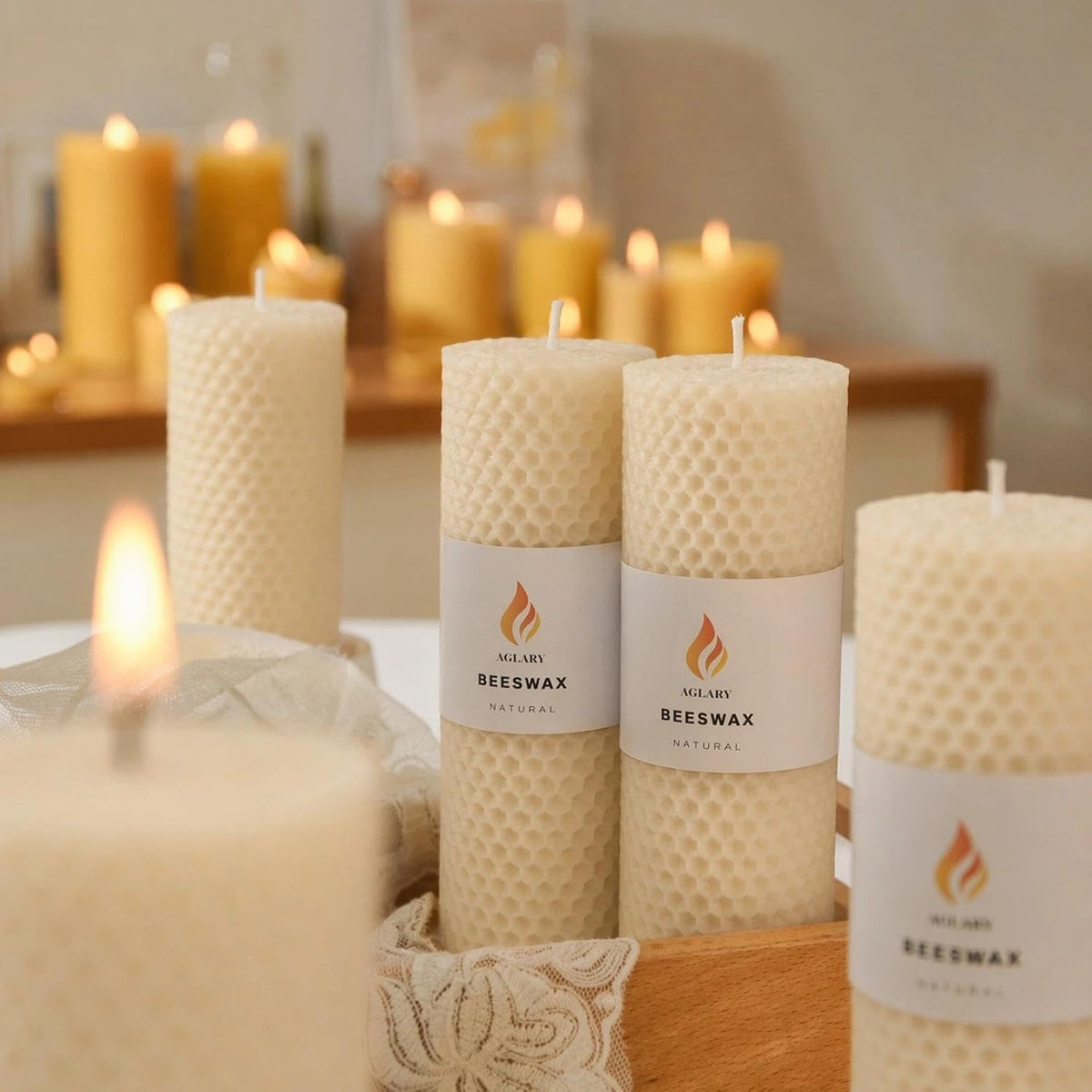 6-Pack 2x6 Beeswax Pillar Candles, Hand-Rolled Honeycomb Candle, Off-White
