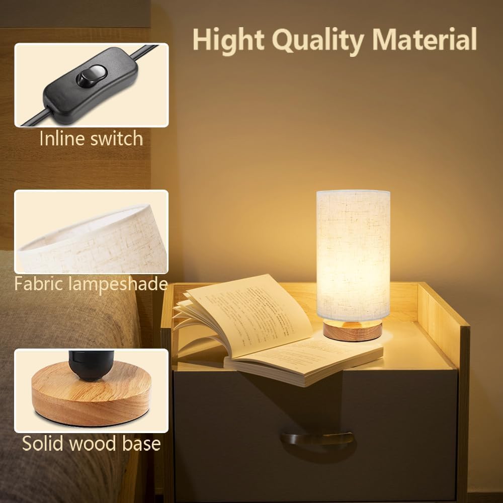3-Color Adjustable Bedside Table Lamp for Bedroom,Wood Base & Fabric Shade