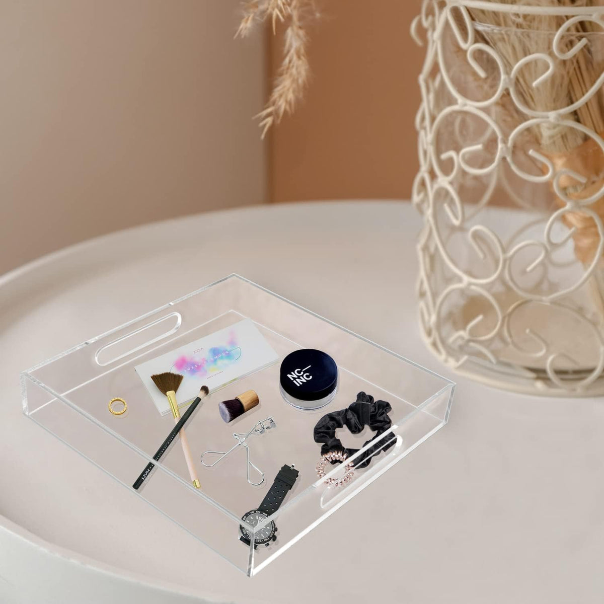 Acrylic Serving Tray (12x12x2Inch) with Handles -Spill Proof- Clear Decorative Tray for Appetizer,Breakfast -Countertop Organizer Storage Tray for Kitchen,Bathroom,Living Room