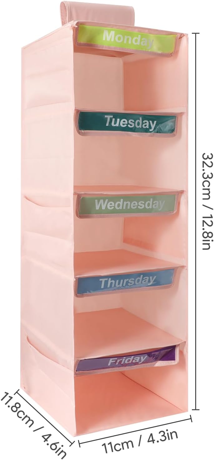 5 Shelf Days of The Week Clothes Organizer for Kids Weekly Outfits(Pink)