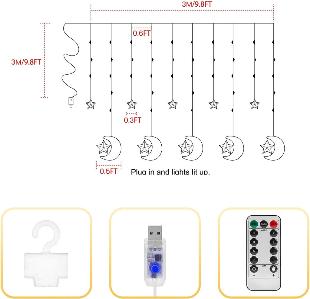 130 LED Star Moon Curtain Decorative Lights, Ramadan Window Curtain Fairy String Lights, Remote Control & USB Plug, 8 Lighting Modes, for Indoor, Home Holiday, Party, Ramadan Decorations