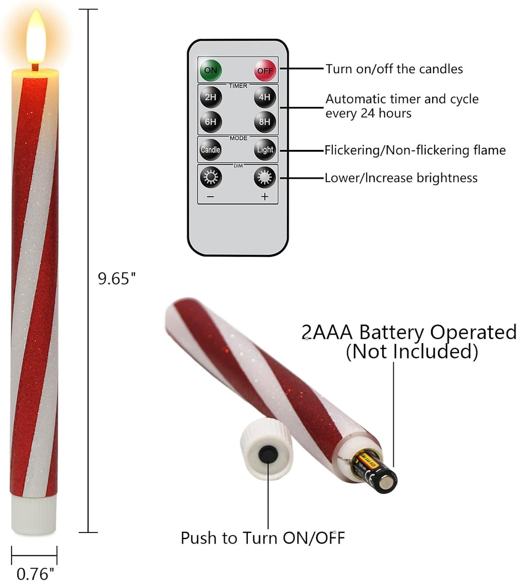 Candy Cane Flameless Taper Candles Battery Operated Remote Timer