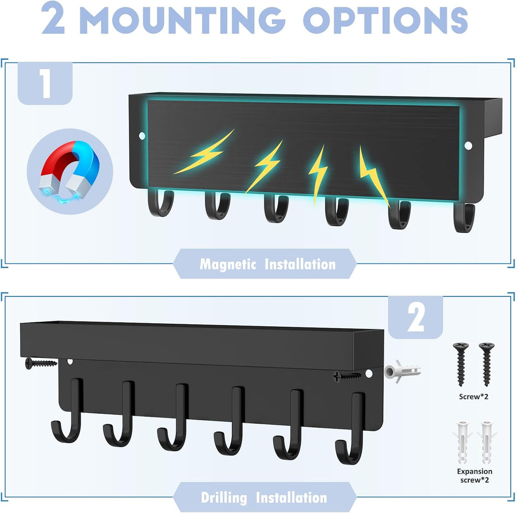 Magnetic Key Holder, Wall Mount Key Rack with Shelf, 9.65 in, Black