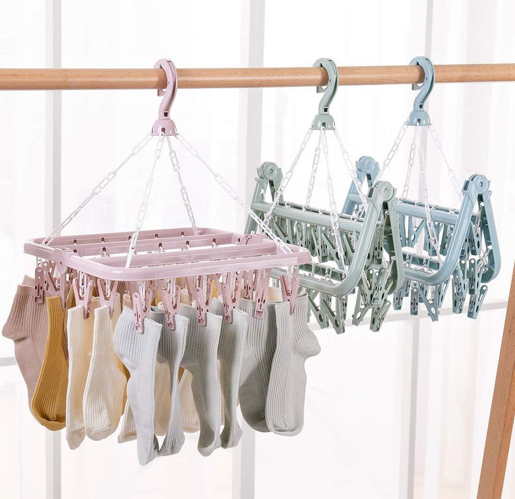 Laundry Hangers with 32 Clips,Clothespin Rack Foldable Laundry Drying Rack Drip Hanger for Drying Socks,Bras,Towel,Underwear,Hat,Scarf,Pants,Baby Clothes,Cloth Diapers,Gloves (Light Blue)