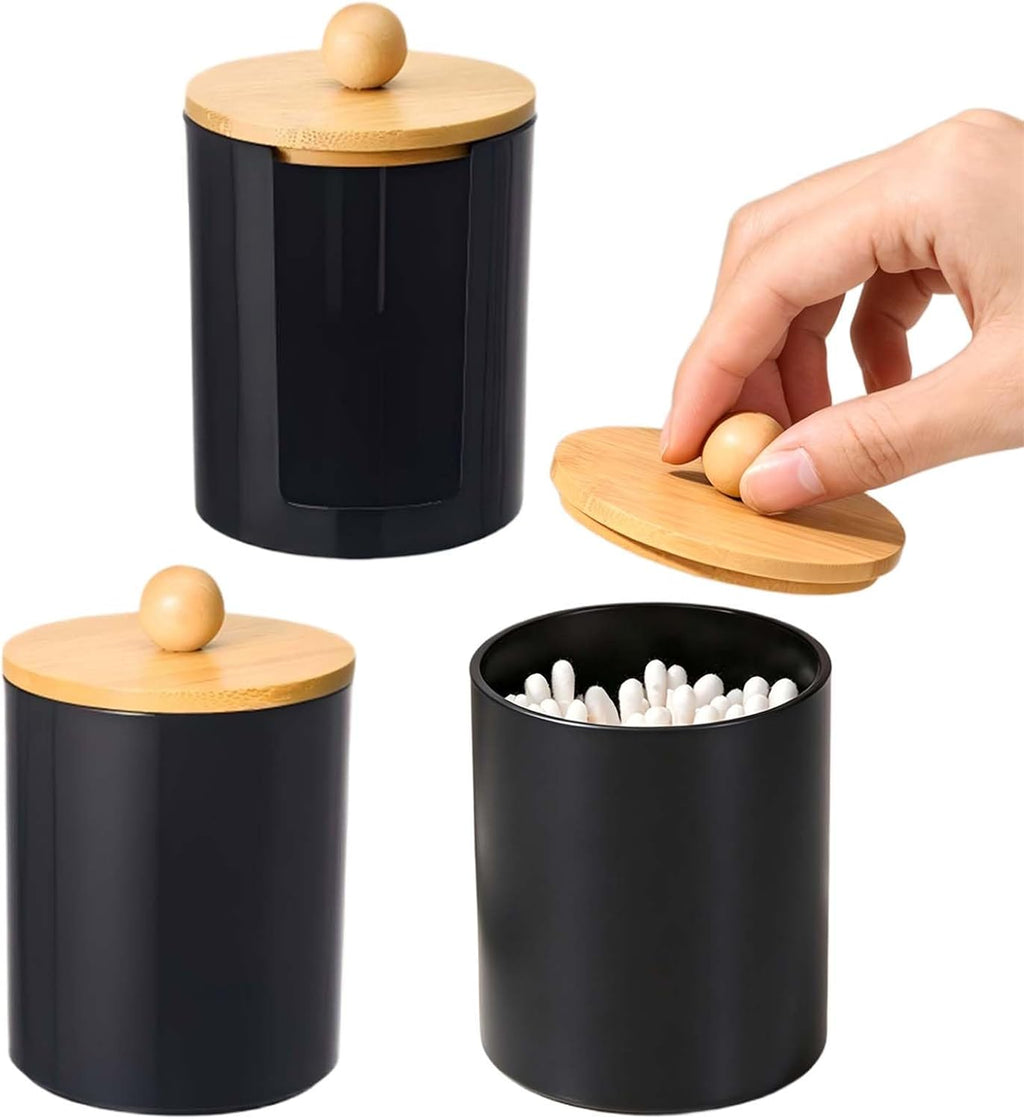 Qtip Holder Bathroom Set, 3Pcs Qtip Cotton Ball Organizers and Storage with Removable Dustproof Lid, Black Bathroom Container Set for Floss Picks, Cotton Swabs, Balls, Pads, q-Tip Holder