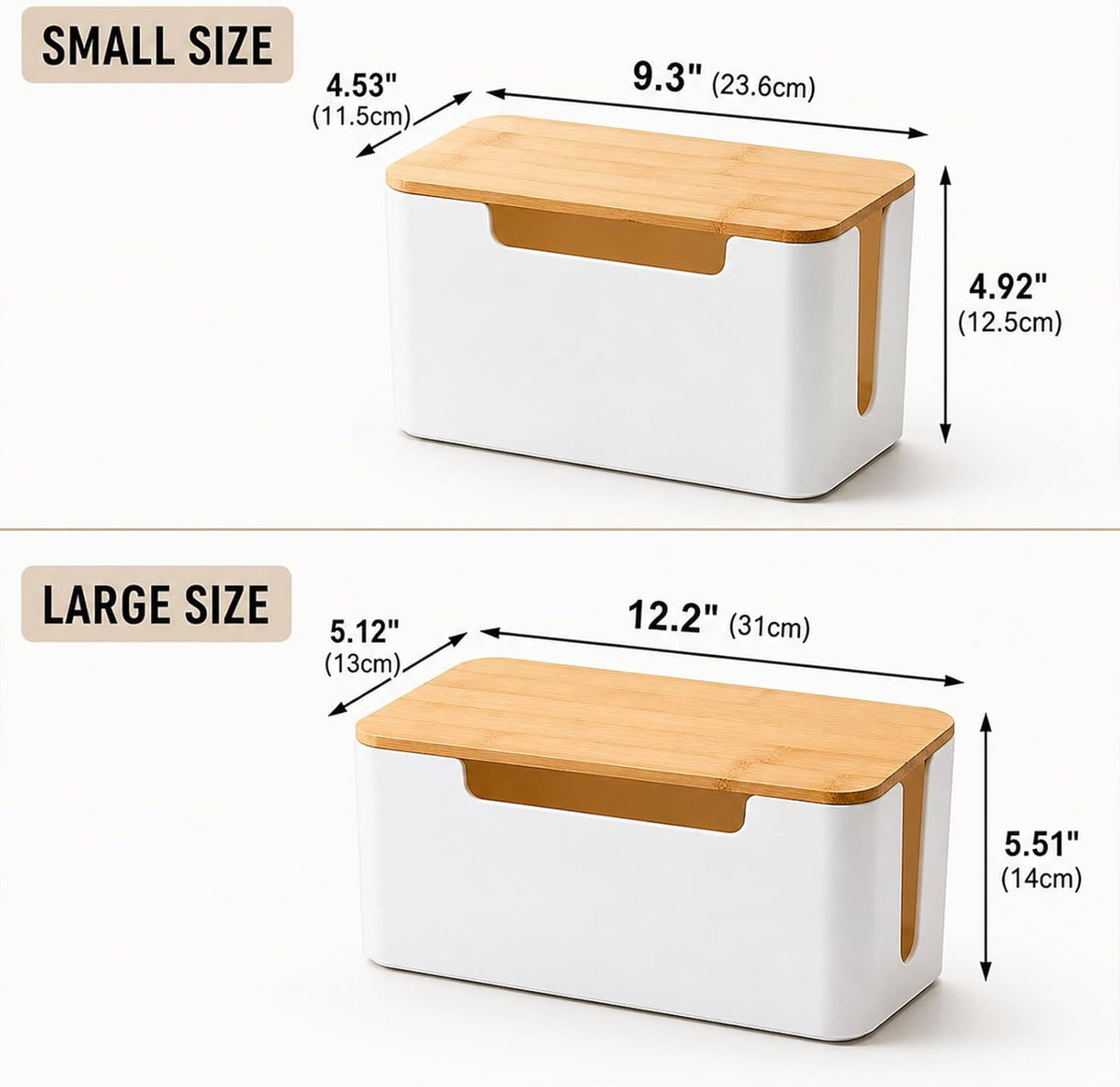 [Set of 2] Wood Cover Cable Management Box Set, Wire Ties Included to Organize Desk Cord Cables, Hide TV Computer Wires, Power Strips, USB Hub to Make Your Home, Office Neat and Clean (White)