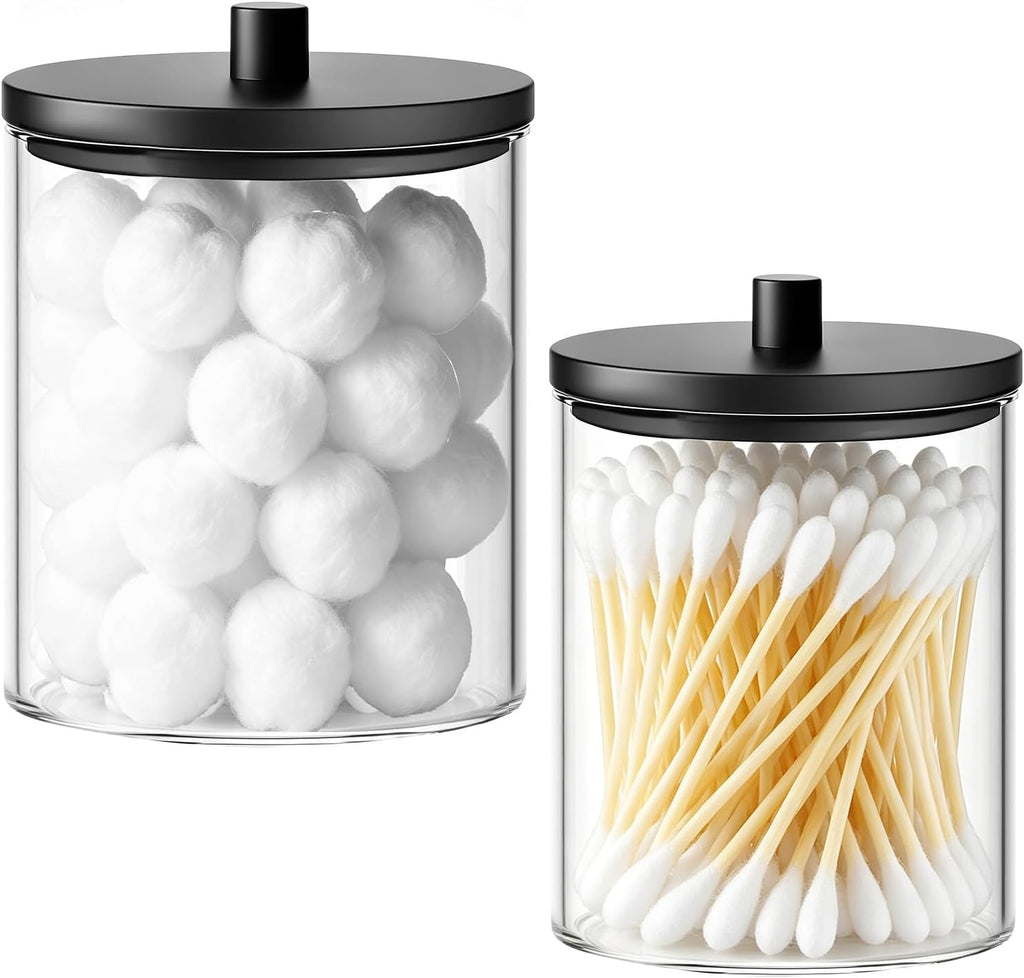 BKYFPQ 2 Pack Glass Qtip Holder Dispenser Set - 15oz & 10oz Apothecary Jars with Lids - Vanity Makeup Organizer and Bathroom Canister Storage Organizer for Cotton Ball, Swab, Round Pads,Floss