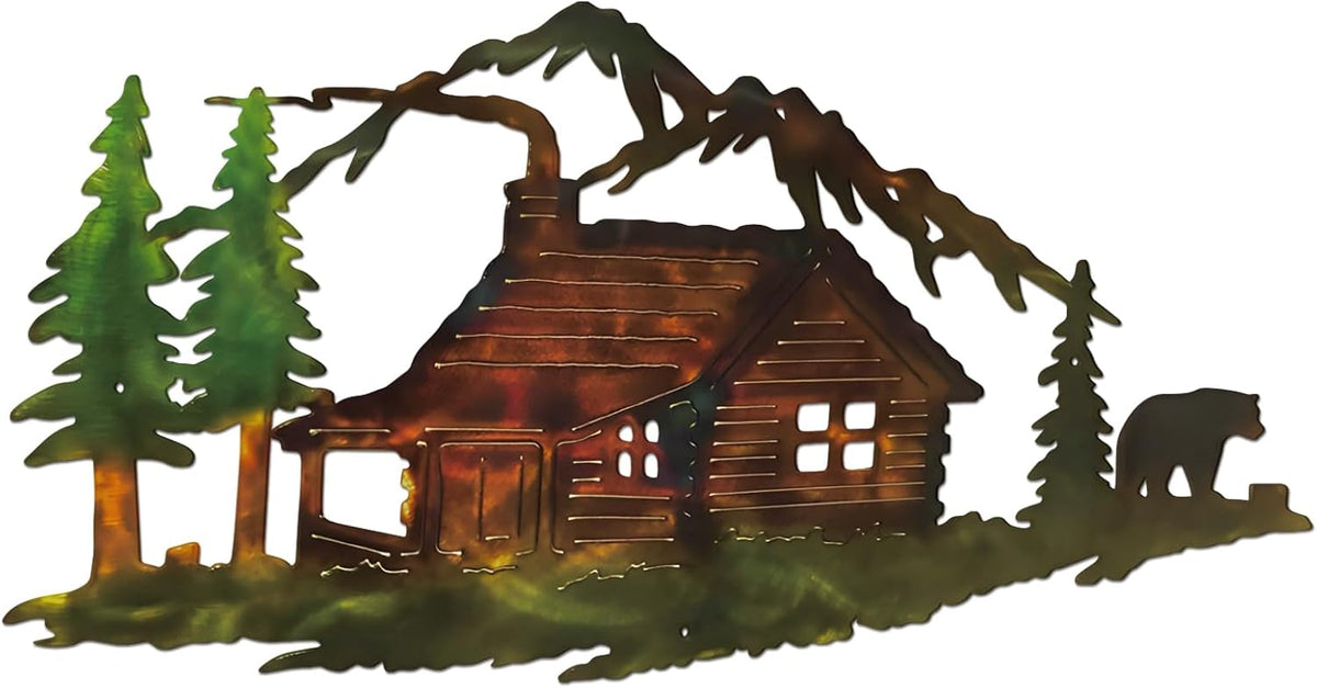 MorningRo Metal Cabin Bear Wall Art Farmhouse Forest Mountain Lodge Wall Decor Rustic Animal Hunting Decor Cabin Decorations Bear Lover Gifts for Home Bedroom Decoration, 13.78 x 7 Inch