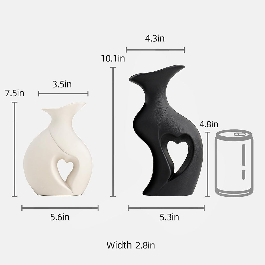 XL Black and White Decor Heart Shaped Ceramic Flower Vase Set of 2