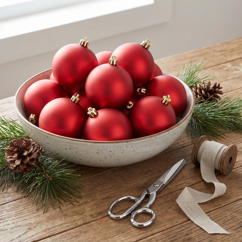 Vickerman 4" Red Matte Ball Christmas Ornament, Shatterproof UV Resistant Plastic, Set of 6 for Christmas Tree Decor - Floral Wire for Reliable Hanging.