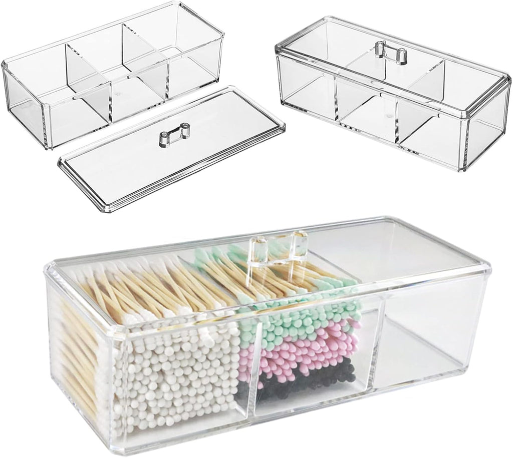 UTTH-DTTK Clear Cotton Ball and Swab Holder 3 Divided Compartments with Lid, , Waterproof Bathroom Organizers Small Plastic Storage Containers, Vanity Makeup Organization (A)