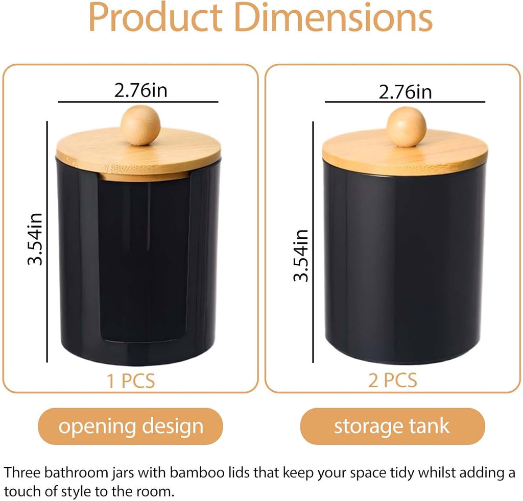 Qtip Holder Bathroom Set, 3Pcs Qtip Cotton Ball Organizers and Storage with Removable Dustproof Lid, Black Bathroom Container Set for Floss Picks, Cotton Swabs, Balls, Pads, q-Tip Holder
