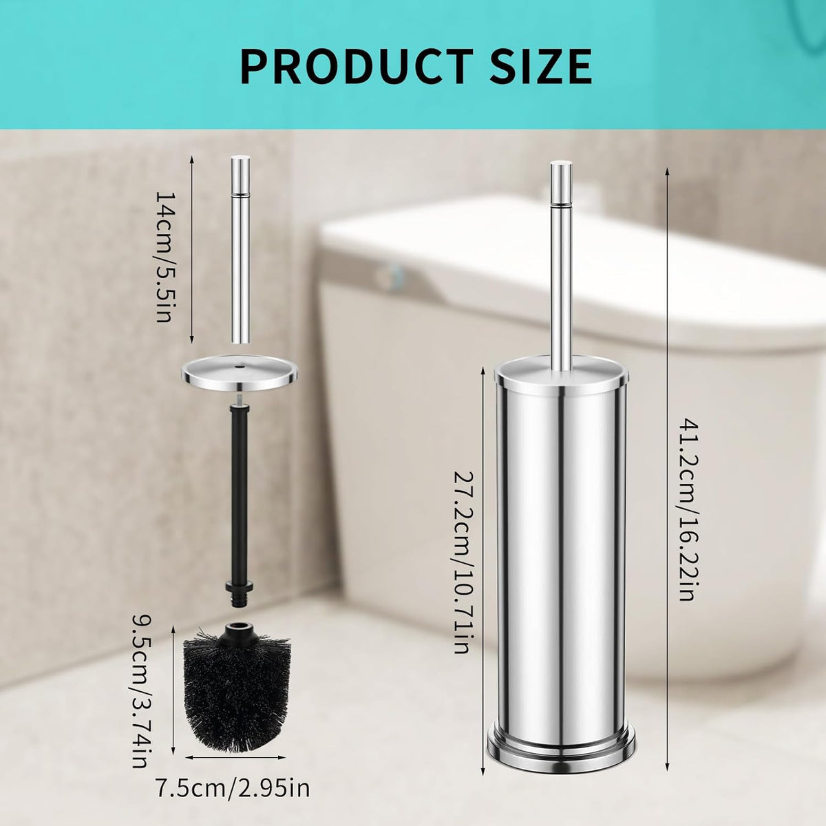 Toilet Brush and Holder Set,304 Stainless Steel Toilet Brush for Bathroom with Long Handle, Heavy Duty Toilet Bowl Brush,Removable Inner Bowl and Splash Protection,Deep Cleaning (Chrome01)